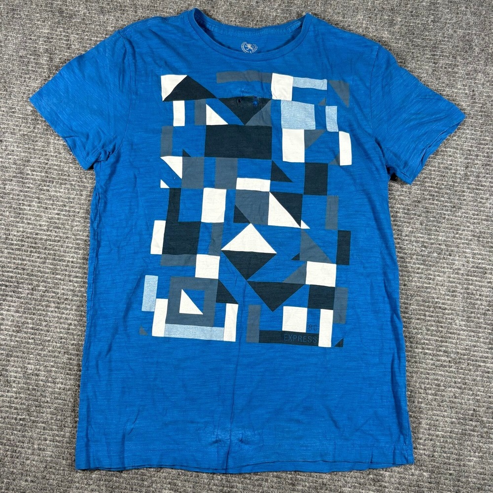 Express Graphic Tee Mens Medium Blue Fair Geometric Abstract Fitted Slub T-Shirt